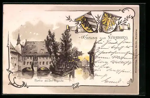 Präge-Lithographie Nürnberg, Partie an der Pegnitz, Wappen