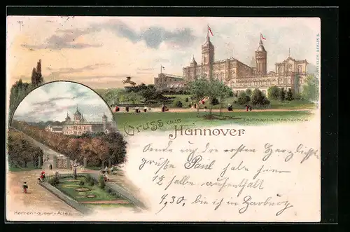 Lithographie Hannover, Techn. Hochschule mit Umgebung, Herrenhauser Allee von oben