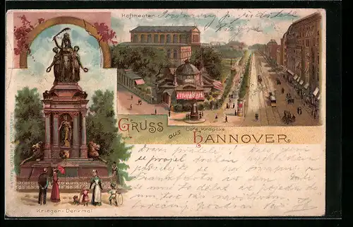 Lithographie Hannover, Strassenpartie mit Hoftheater und Cafe Kröpcke, Krieger-Denkmal