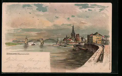 Lithographie Düsseldorf, Rheinpartie mit Brücke und Ortsblick