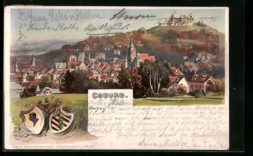 Lithographie Coburg, Ortsansicht mit Veste im Herbst, Wappen
