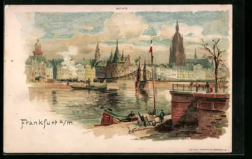 Lithographie Frankfurt a. M., Panorama mit Dampfer und Brücke