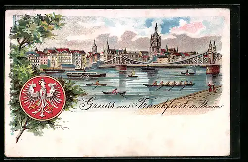 Lithographie Frankfurt a. M., Stadtpanorama mit Dampfer und Sportruderboot, Wappen