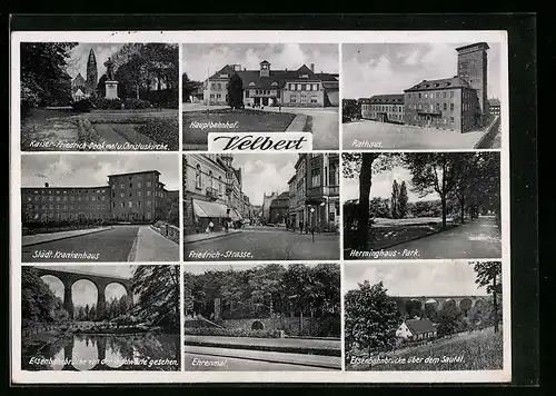 AK Velbert, Hauptbahnhof, Friedrich-Strasse, Rathaus, Ehrenmal