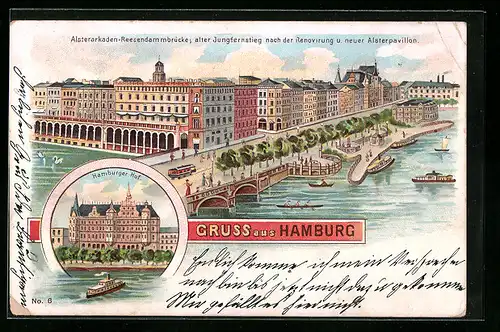 Lithographie Hamburg, Alsterarkaden-Reesendammbrücke, Jungfernstieg