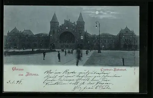Mondschein-AK Hamburg-Altona, Central-Bahnhof mit Passanten