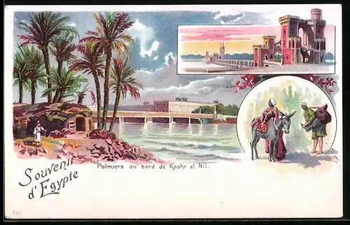Lithographie Kashr el Nil, Palmiers au bord de Kashr el Nil