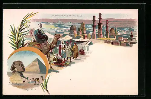 Lithographie Gizeh, Sphinx, Tombeaux des Mamelouks