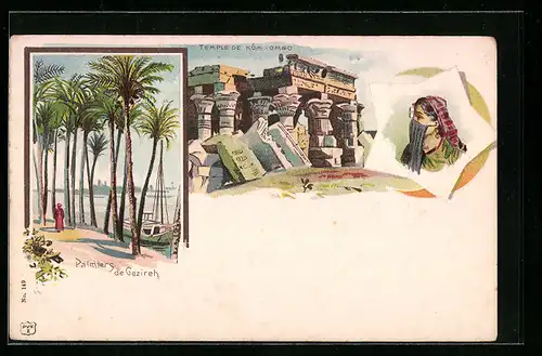 Lithographie Gezireh, Temple de Kôm-Ombo, Palmiers