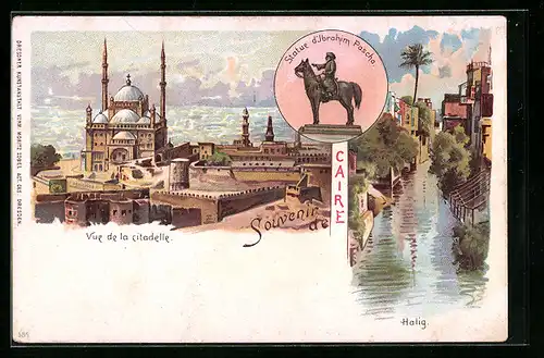 Lithographie Caire, Vue de la citadelle, Statue d`Ibrahim Pascha, Halig