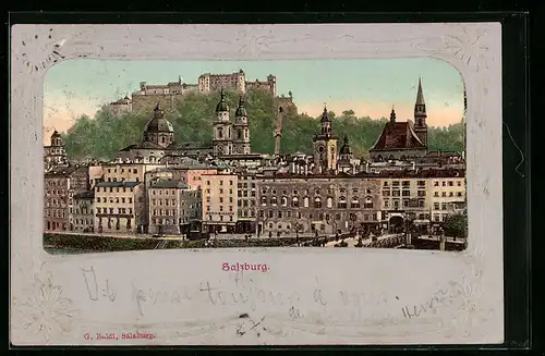 Präge-AK Salzburg, Ortspartie mit Kirche, Passepartout