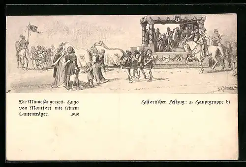 Künstler-AK Bregenz, Vorarlberger Jahrhundertfeier 1809-1909, Historischer Festzug, 5. Hauptgruppe, Die Minnesängerzeit