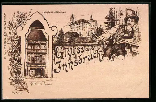 Lithographie Innsbruck, Schloss Ambrus, Goldenes Dachel