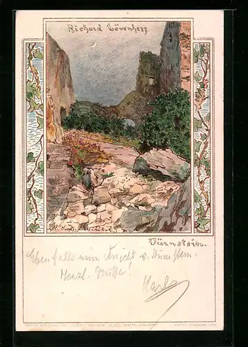 Lithographie Dürnstein, Blick zur Ruine