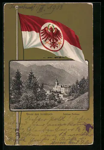 AK Innsbruck, Feldpartie mit Schloss Ambras, Fahne mit Adler