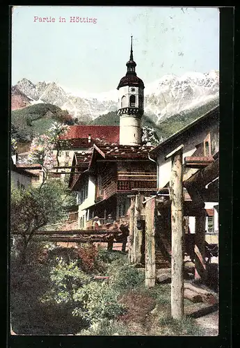 AK Hötting, Ortsansicht mit Kirchturm