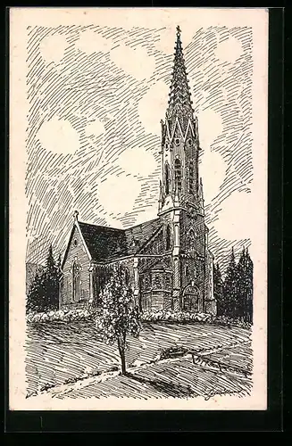 Künstler-AK Mürzzuschlag, Blick zur Heilandskirche