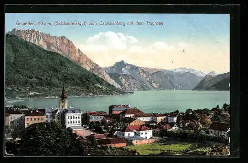 AK Gmunden, Ortsansicht vom Calvarienberg mit dem Traunsee