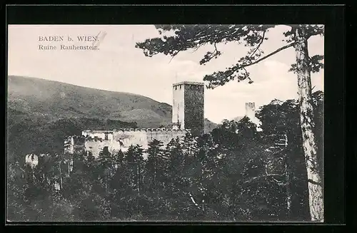 AK Baden b. Wien, Blick auf Ruine Rauhenstein