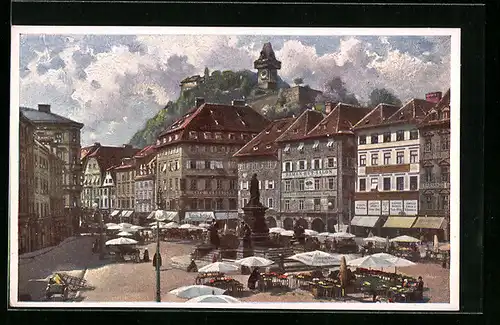 Künstler-AK Graz, Hauptplatz mit Ständen