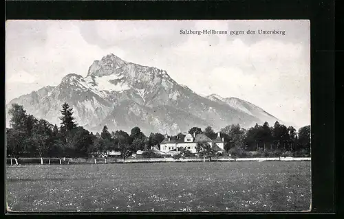AK Salzburg-Hellbrunn, Ortsansicht gegen den Untersberg