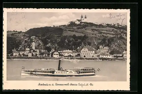 AK Marbach a. d. Donau, Ortsansicht mit Maria Taferl, Dampfer passiert den Ort