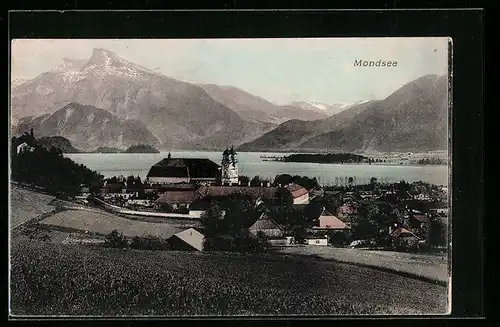 AK Mondsee, Ortsansicht mit See und Gebirge