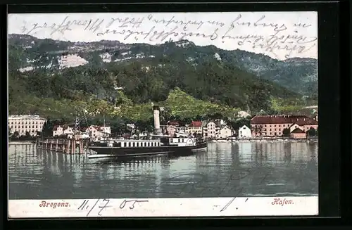 AK Bregenz, Hafen mit Dampfer und Stadt