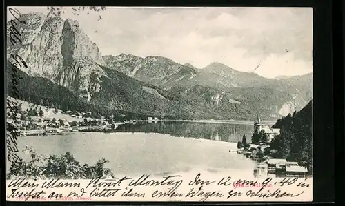 AK Grundlsee, Panorama mit Ort, See und Bergen