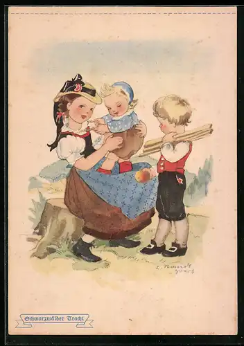 Künstler-AK Kinder in Schwarzwälder Tracht