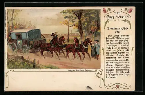 Lithographie Das Postwesen, Brandenburgische Post, Postkutsche und Postillon mit Posthorn