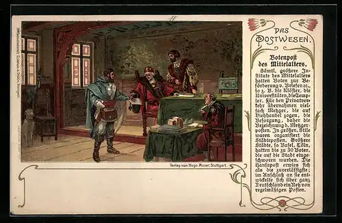 Lithographie Das Postwesen, Botenpost des Mittelalters, Auslieferung eines Briefes in einem Kontor