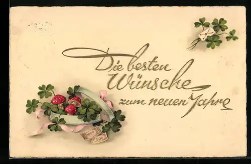 AK Fliegenpilze und Glücksklee in einer Schachtel, Neujahrsgruss