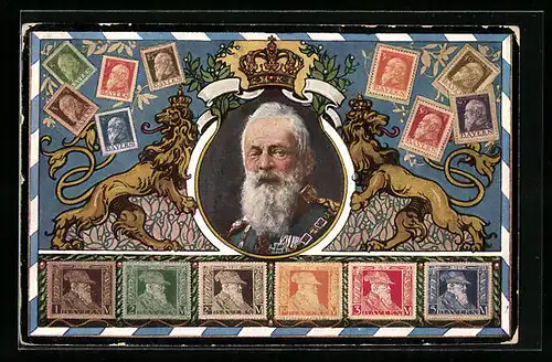 AK Briefmarken Bayerns, Prinzregent Luitpold mit Krone und Löwen, Trauerkarte 1912