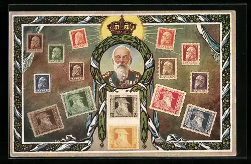 AK Briefmarken Bayerns, Prinzregent Luitpold mit Krone und Sonne im Ehrenkranz
