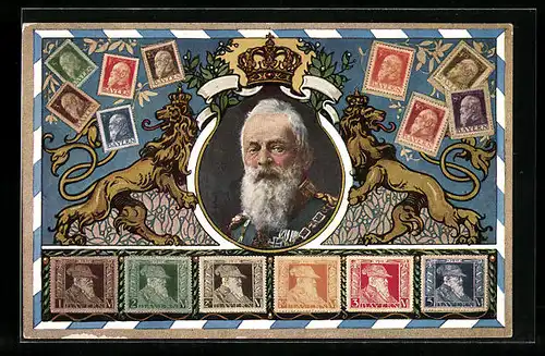 AK Briefmarken Bayerns, Prinzregent Luitpold mit Krone und zwei Löwen