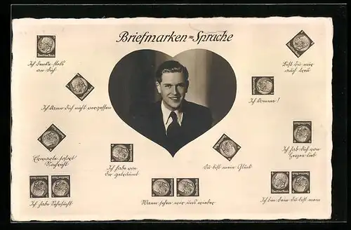 AK Lächelnder Jüngling in einem Herz-Rahmen, Briefmarkensprache