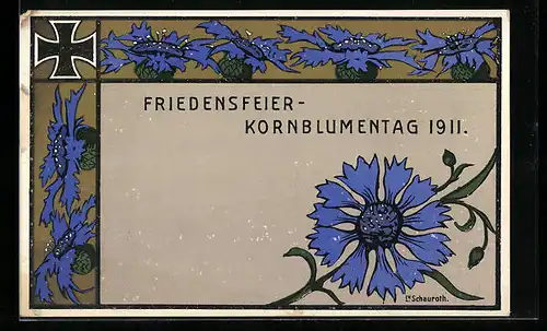 AK Frankfurt a. M., Friedensfeier-Kornblumentag 1911, Kornblumen und Eisernes Kreuz