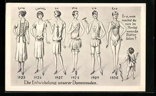 AK Entwicklung der Damenmode von 1925 bis 1930, Amor, Karikatur