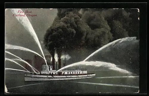 AK Portland, Oregon, Fire Boat der Feuerwehr unter Dampf mit aktivierten Wasserspritzen