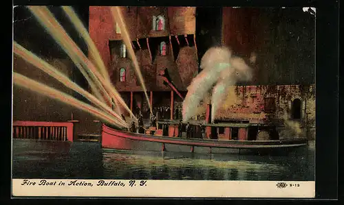 AK Buffalo, N. Y., Löschboot der Feuerwehr in Aktion bei Nacht