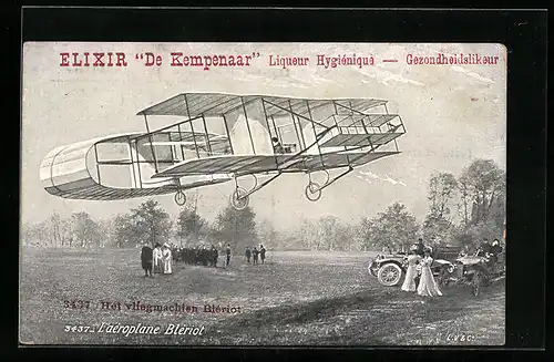 AK Startender Doppeldecker Blériot mit Publikum, Reklame Elixir De Kempenaar