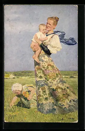 Künstler-AK Dresden, Margarittentag 1911, Mutter und Kinder pflücken Blumen