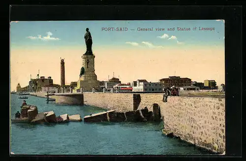 AK Port-Said, General View and Statue of Lesseps