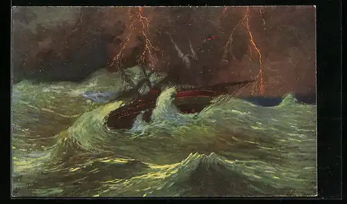 Ölgemälde-Imitations-AK Imita / A.S.-M. Leipzig Nr. 569: Boot in den Wellen bei Sturm