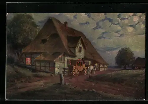 Ölgemälde-Imitations-AK Imita / A.S.-M. Leipzig Nr. 648: Kutsche vor Bauernhaus am Abend