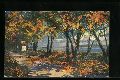 Ölgemälde-Imitations-AK Imita / A.S.-M. Leipzig Nr. 527: Uferlandschaft mit Herbstbäumen