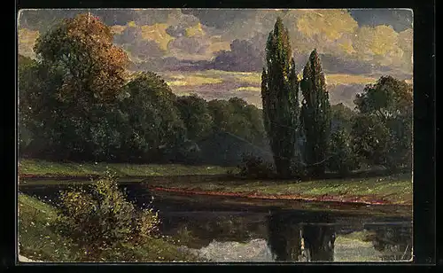 Ölgemälde-Imitations-AK Imita / A.S.-M. Leipzig Nr. 626: Uferlandschaft mit Bäumen