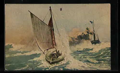 Ölgemälde-Imitations-AK Imita / A.S.-M. Leipzig Nr. 229: Lotsenboot auf hoher See