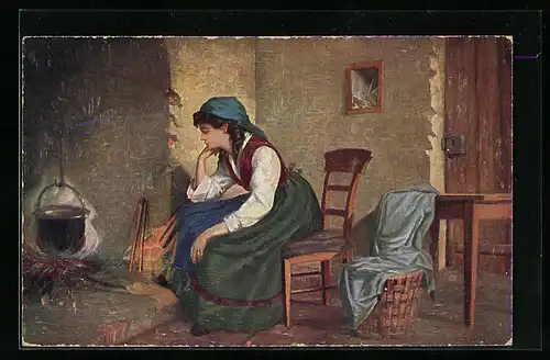 Ölgemälde-Imitations-AK Imita / A.S.-M. Leipzig Nr. 571: Frau sitzt an der Kochstelle